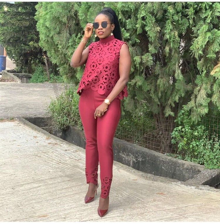 Thumbnail: Elegant Two Piece Sleeveless Lace Tops & Pants