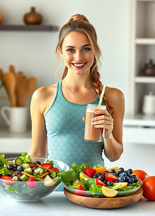a vertical image of a beautiful lady holding healthy salads and a smoothie after workout.j