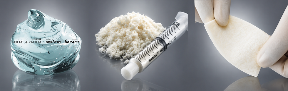陰莖增粗常見三種材料:玻尿酸填充凝膠、膠原蛋白或真皮粉注射,以及手套持拿的生物補片