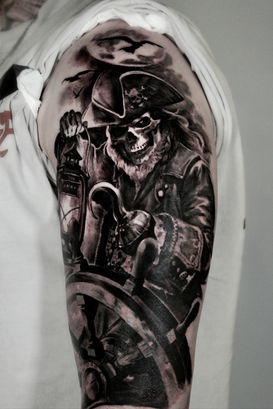 pirate tattoo, pirate tattoo with lantern, pirate tattoo sailing, pirate ship tattoo