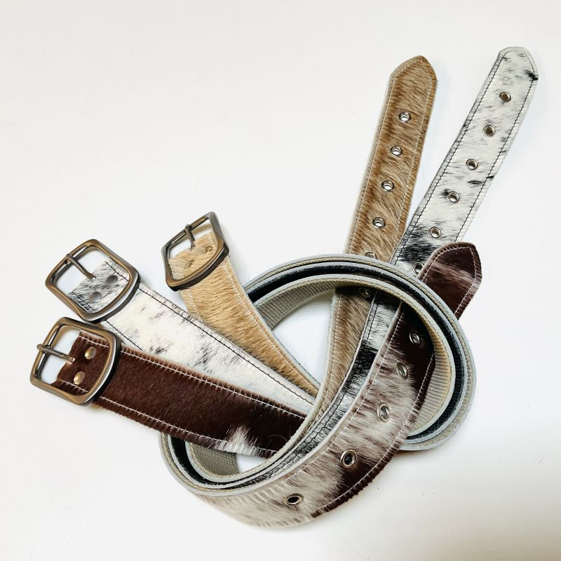 Kuhfell Gürtel, 4 cm breit, Schnalle in Alt-Silber