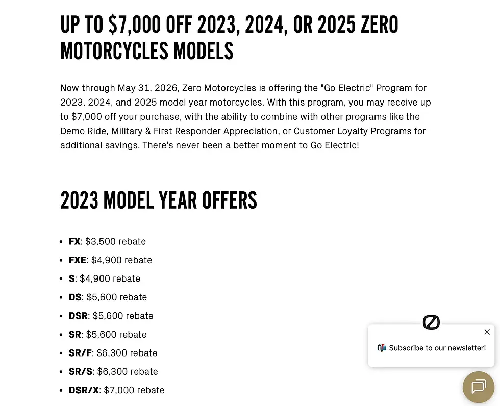 Screen Cap of Zero Motorcycles Website Early 2026