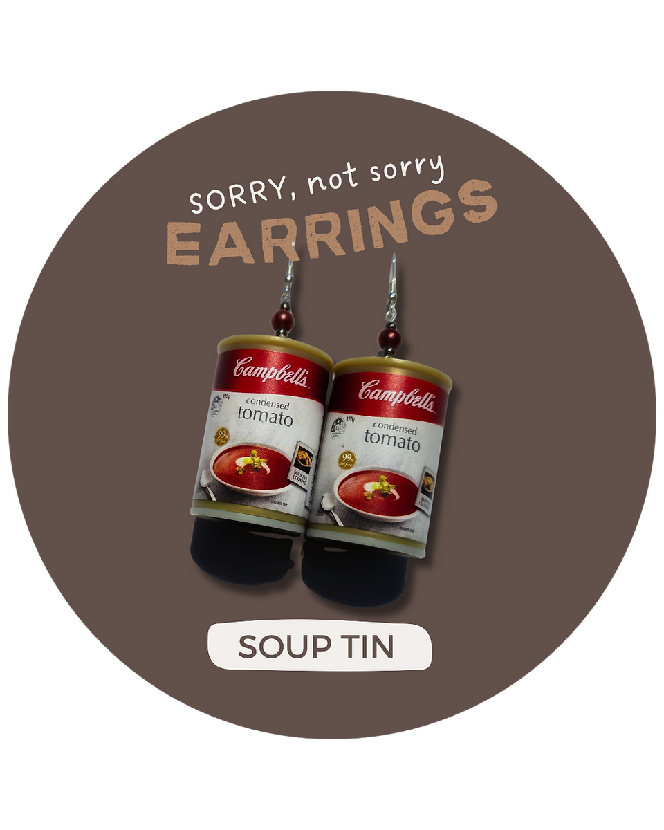Pair of earrings with a tin of tomato soup