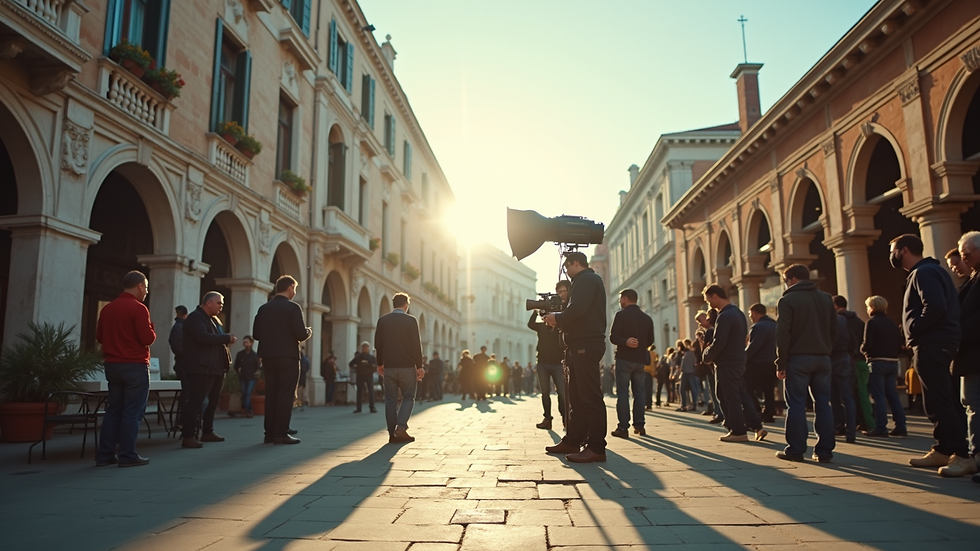Wide angle view of a film crew shooting a commercial in an outdoor Venetian location