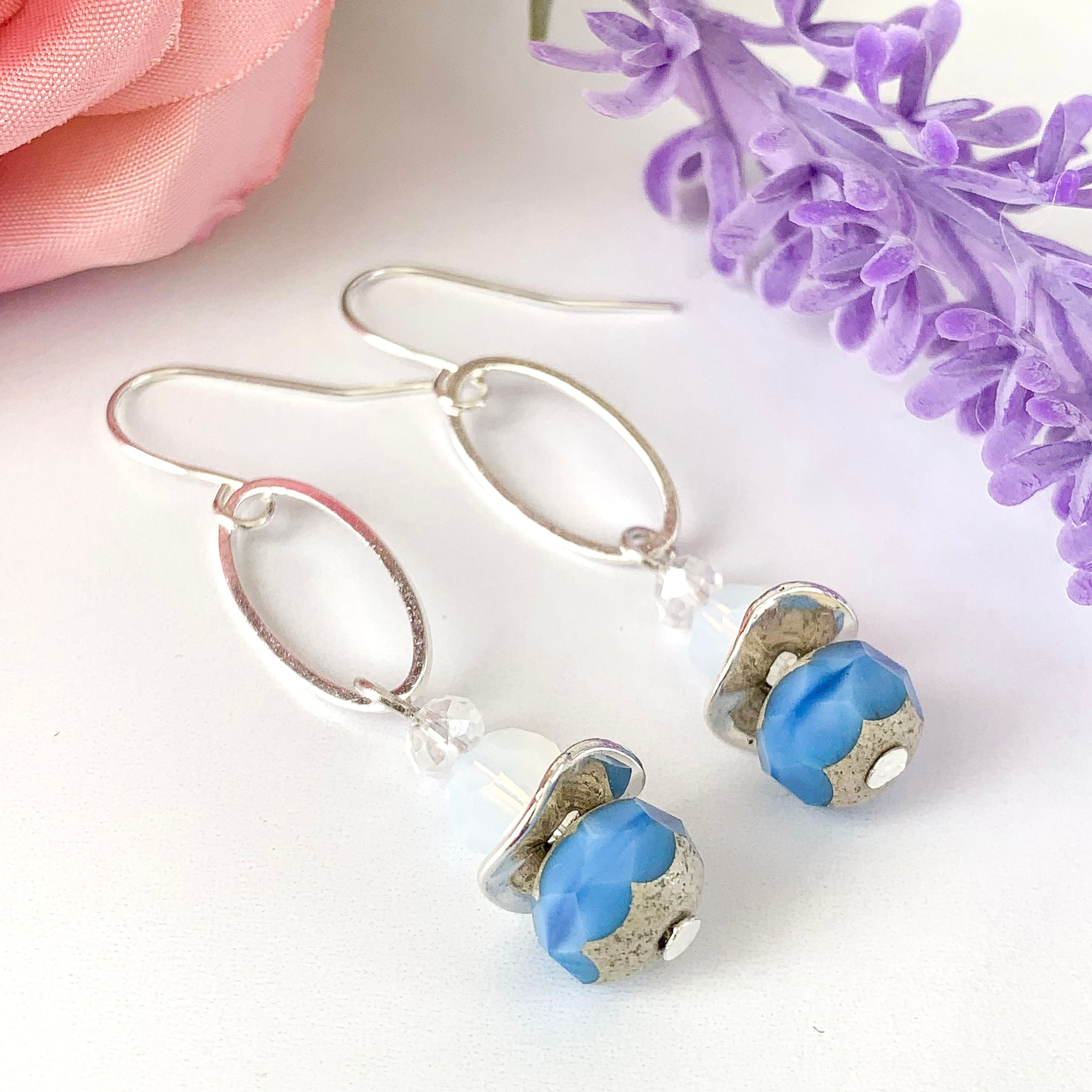 Cornflower Blue & Opal Drop Earrings