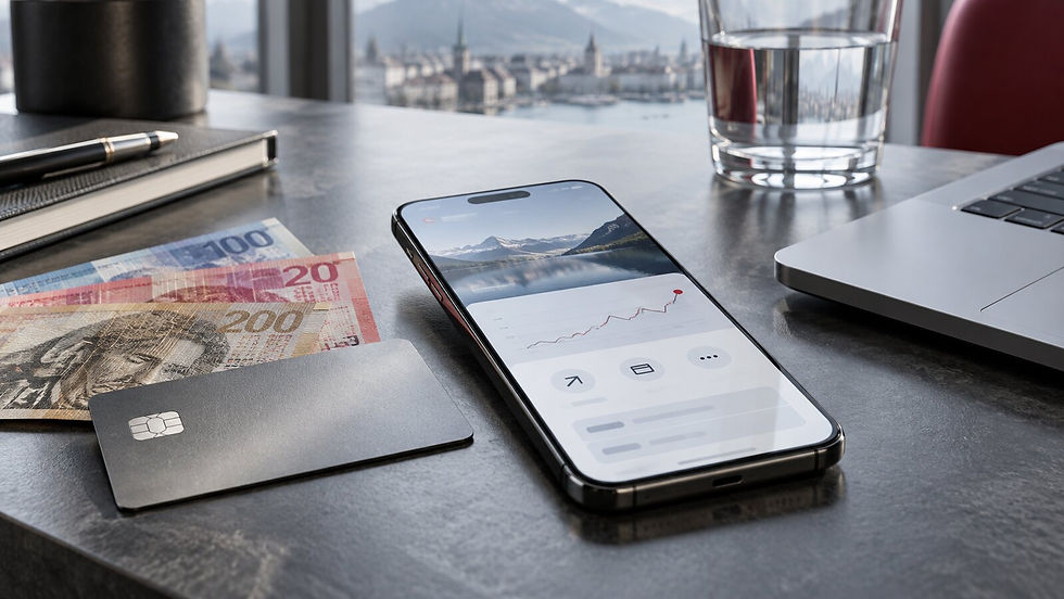 Smartphone, Bankkarte und Schweizer Franken als Symbol für Revoluts geplante Schweizer Bank