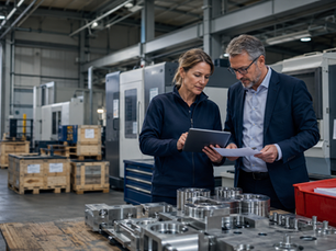 Schweizer Tech-KMU prüft Exportaufträge in einer Produktionshalle