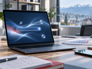 Laptop mit abstrakter KI-Suche in einem Schweizer KMU-Büro