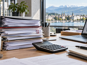 Aktenstapel und Laptop als Symbol für Bürokratie und Produktivität in Schweizer KMU