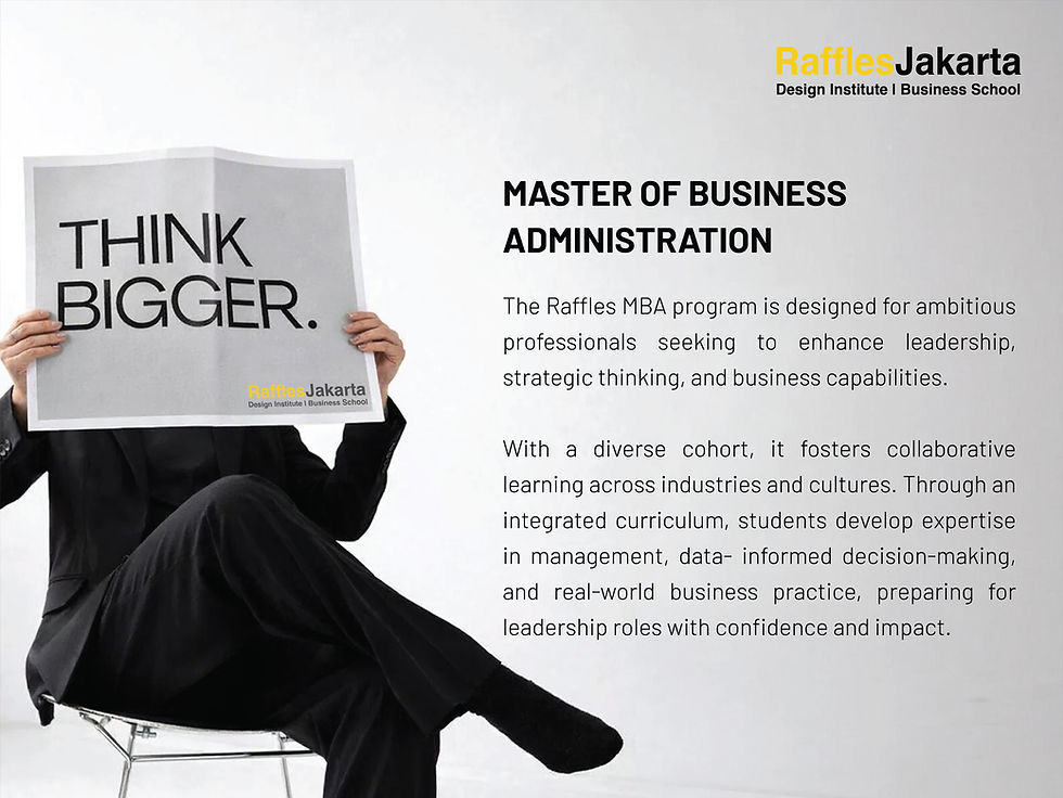 Raffles Jakarta MBA program poster showcasing internationally oriented business education, leadership development, and postgraduate study opportunities.