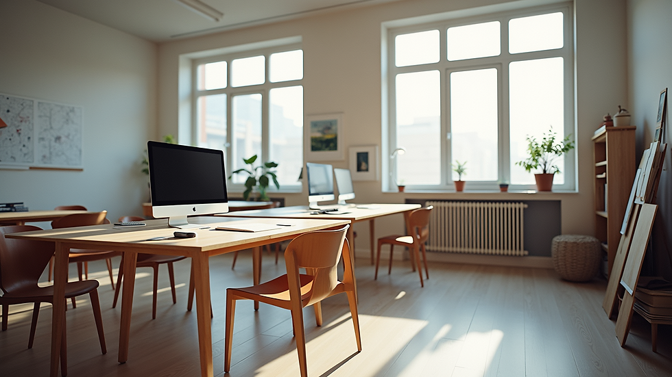 Eye-level view of a modern interior design studio with drafting tables and computers
