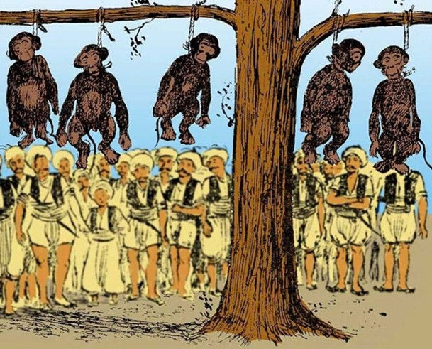 Osmanlı'da maymun idamlarına dair dönemin bir karikatürü.