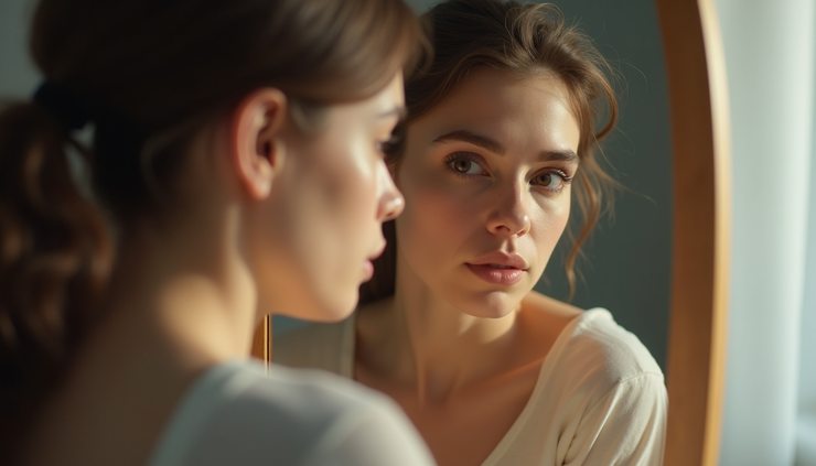 Vue en plongée d’une femme réfléchissant devant un miroir