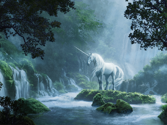 A mystical white unicorn in the forrest