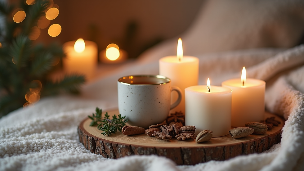 Eye-level view of a cozy winter wellness kit with candles and herbal tea