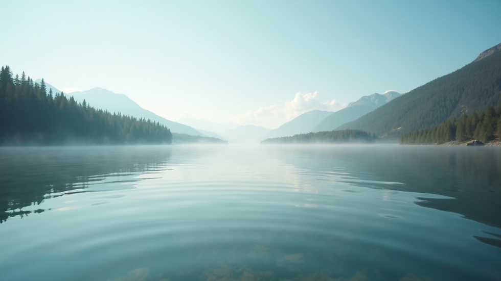 Eye-level view of a calm lake reflecting a bright sky