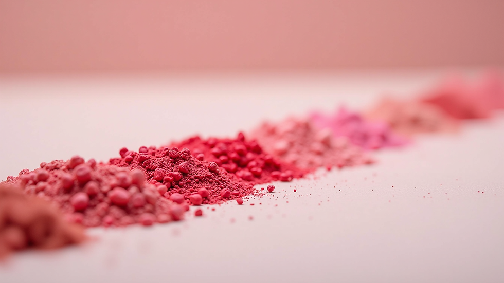 Eye-level view of lip blush pigments arranged on a clean surface