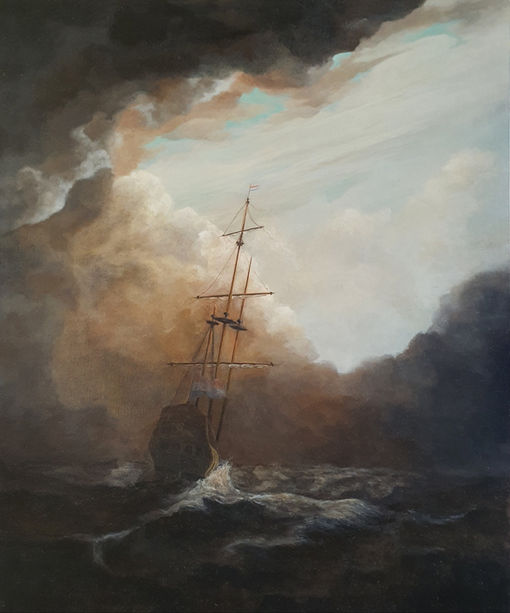 Olieverf zeestuk/marine, in een traditionele sfeer, van een zeventiende-eeuws Nederlands schip gevangen in een storm op zee. Geschilderd door kunstschilder Christiaan Sijtsma.