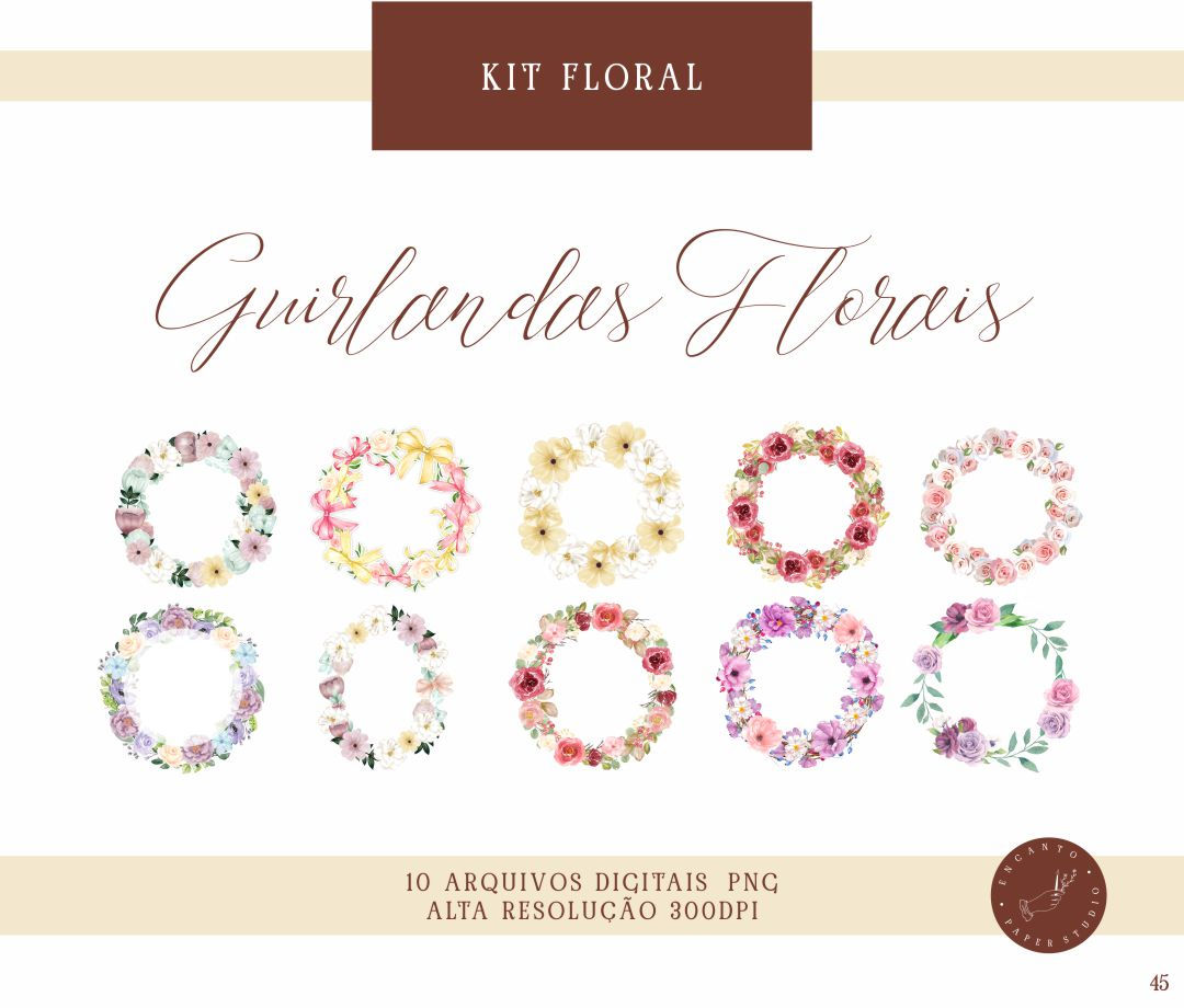Kit 10 Arquivos Digitais Guirlanda Floral Aquarela PNG