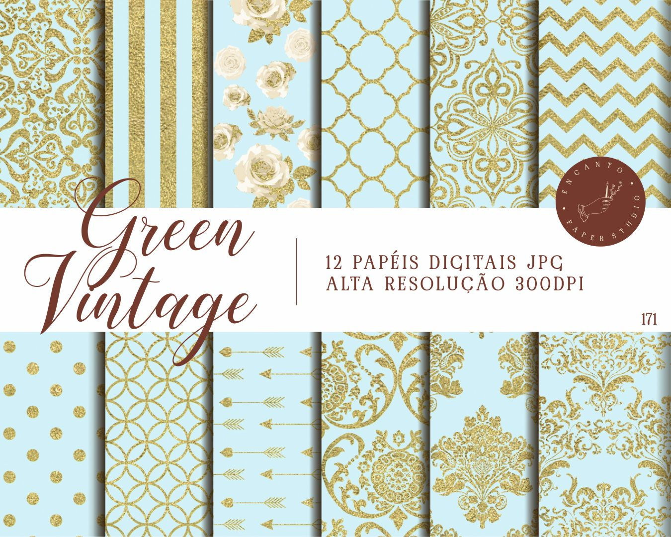 Kit 12 Papéis Digitais Verde Dourado Vintage JPG