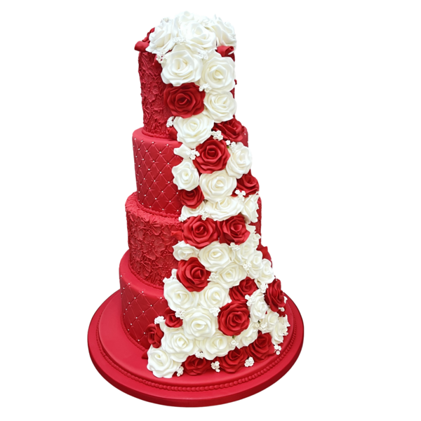Luxurious multi-tiered red wedding cake with cascading white and red sugar paste roses.