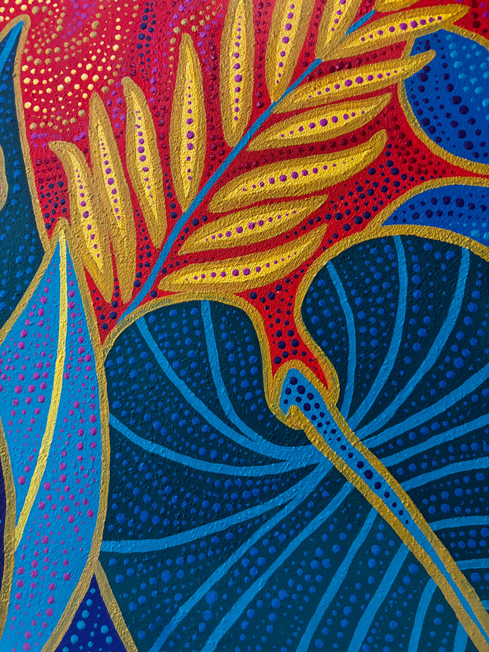 a close up of a colorful painting on a blue background
