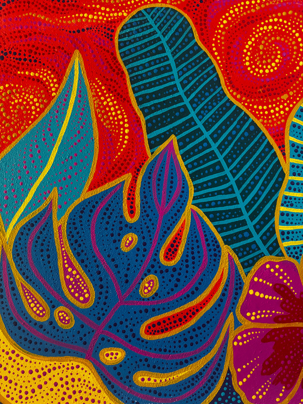 a close up of a colorful painting of leaves