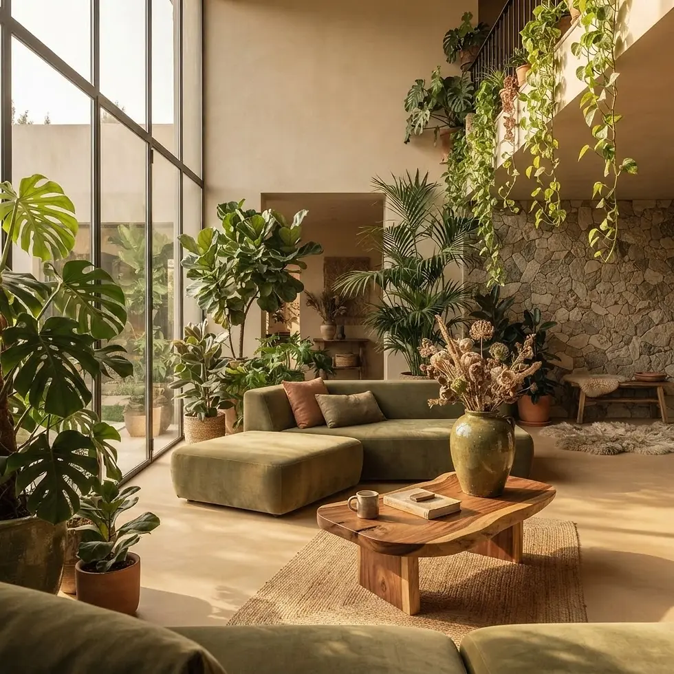 Interior photography of a sunlit living room filled with lush houseplants. The warm, organic space features a comfortable olive green sofa and a live-edge wooden coffee table.