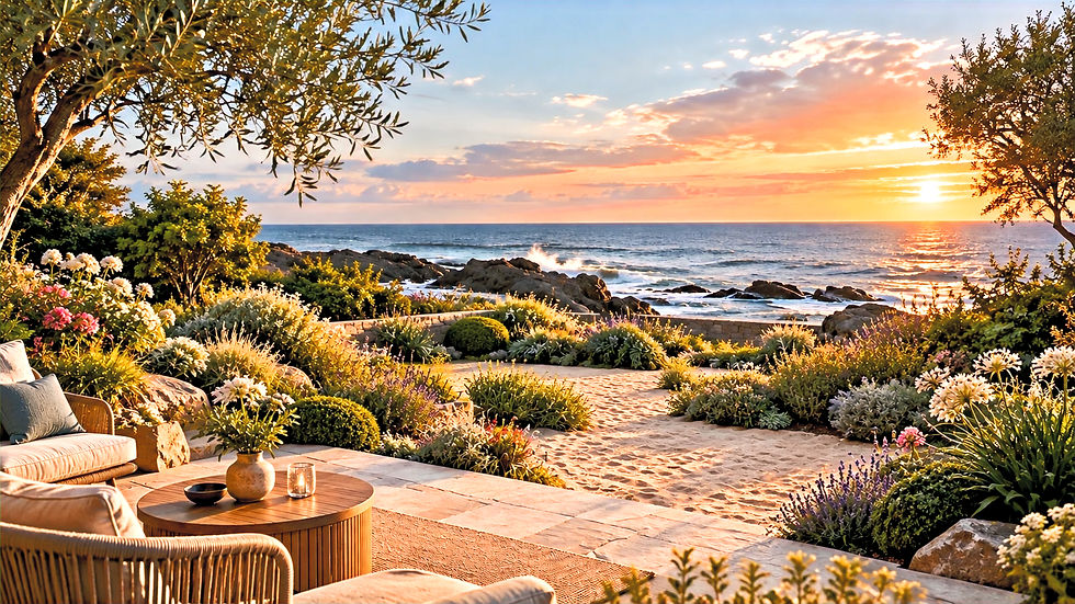 Wide-angle view of a sunlit terrace with potted olive trees and a quiet seating area.