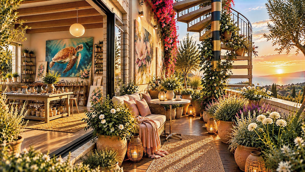 Eye-level view of an original abstract painting beside indoor greenery in a calm living space.