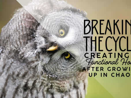 Close-up of a grey owl tilting its head, with bright yellow eyes and soft blurred greenery in the background. Text on the image reads “Breaking the Cycle: Creating a Functional Home After Growing Up in Chaos.