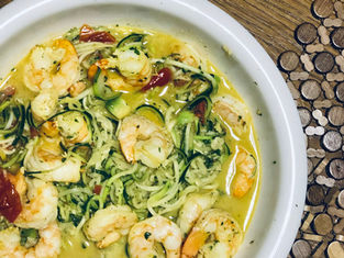 No-Guilt Pesto Zucchini “Pasta” with Shrimp.