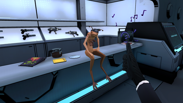 Neeble, a wormlike humanoid alien known as an Annelid, sits on the desk of a weapons range, wearing a hat. He stares at the player as they give him a gloved thumbs up with their right hand. On the desk, to the left of Neeble, there's a pack of hot chips, a coffee pot, and a coaster missing a coffee mug; on the right there's a boombox blasting 90s hip hop beats. In the background, the player can see various types of weapons.