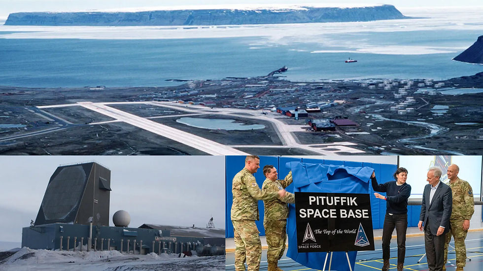 L'ancienne base de Thulé, rebaptisée base spatiale de Pituffik lors d'une cérémonie officielle le 6 avril 2023 par le chef de la Space Force, le général Saltzman, la ministre des Affaires étrangères du Groenland, Vivian Motzfeldt, et l'ambassadeur de Washington au Danemark, Alan Leventhal (photo Kaitlin Castillo /US Space Force), en bas à droite. La base spatiale de Pituffik (photo Wikipedia domaine public) est connue du Pentagone comme le « sommet du monde », car elle se trouve à environ 1 126 kilomètres au nord du cercle polaire arctique et à 1 522 kilomètres au sud du pôle Nord. En bas à gauche : le radar d'alerte précoce AN/FPS-120, haut de dix étages, a un azimut de 240 degrés et une portée de plus de 4 000 kilomètres (photo US Air Force)