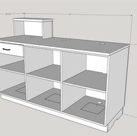 Rear interior view of a 72-inch sales counter with a privacy ledge, one utility drawer, and three storage sections.