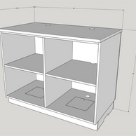 Rear view of an open 48-inch sales counter with a central vertical divider and two adjustable shelves.
