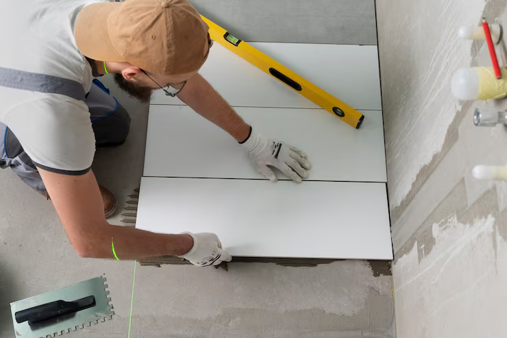 Man in gloves tiling a floor with white tiles, using a yellow level tool in a construction setting. Neutral colors dominate the scene.