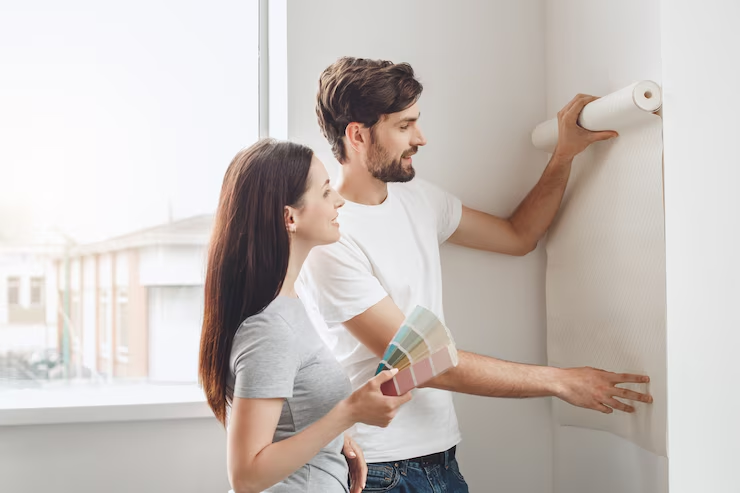 A couple decorates a room, man holds wallpaper, woman holds color samples. Bright window in background, casual attire, focused and cheerful mood.