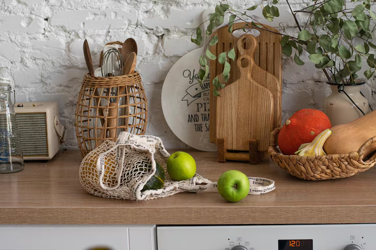 Wooden countertop with two green apples, cutting boards, net bag, wicker basket, and leaves. White brick wall with round plate decor.