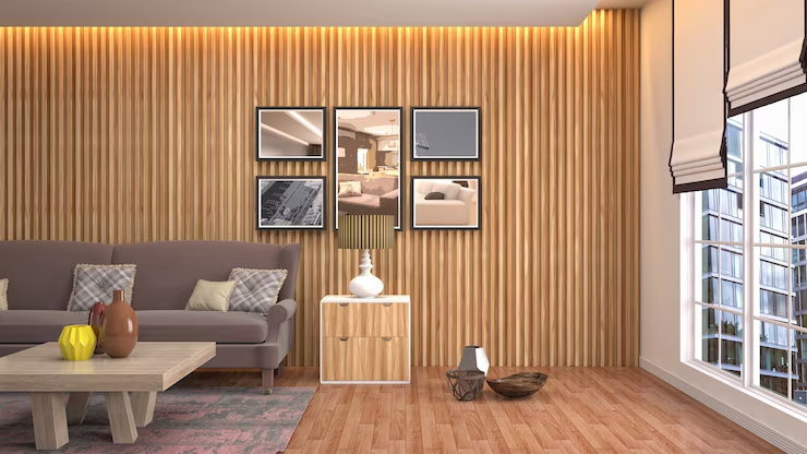 Modern living room with a brown sofa, patterned pillows, and a wooden coffee table. Framed pictures on wood-paneled wall, large windows. Cozy feel.