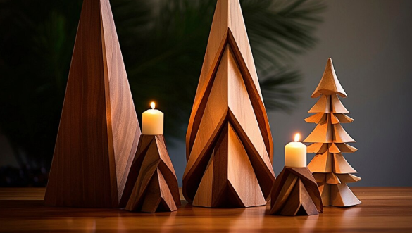 Wooden geometric trees and lit candles on a table create a warm, cozy ambiance. The background is blurred, hinting at indoor greenery.