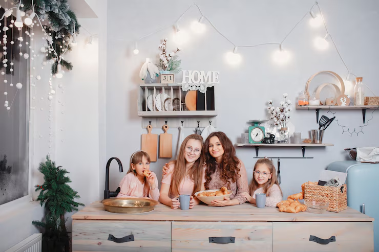 Family of four in cozy kitchen, enjoying drinks and croissants. Festive string lights, decor, and "Home" sign create a warm atmosphere.