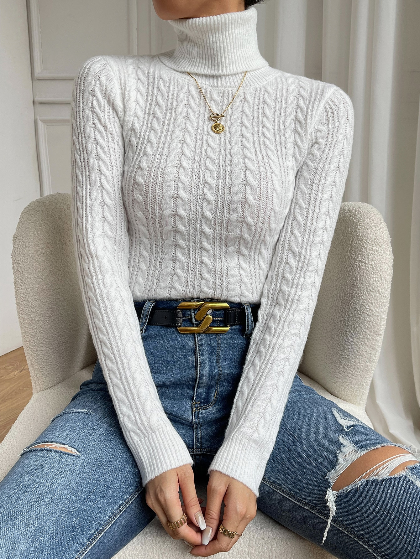 Cable Knit Turtleneck Sweater,Long Sleeve Tops For Fall Winter