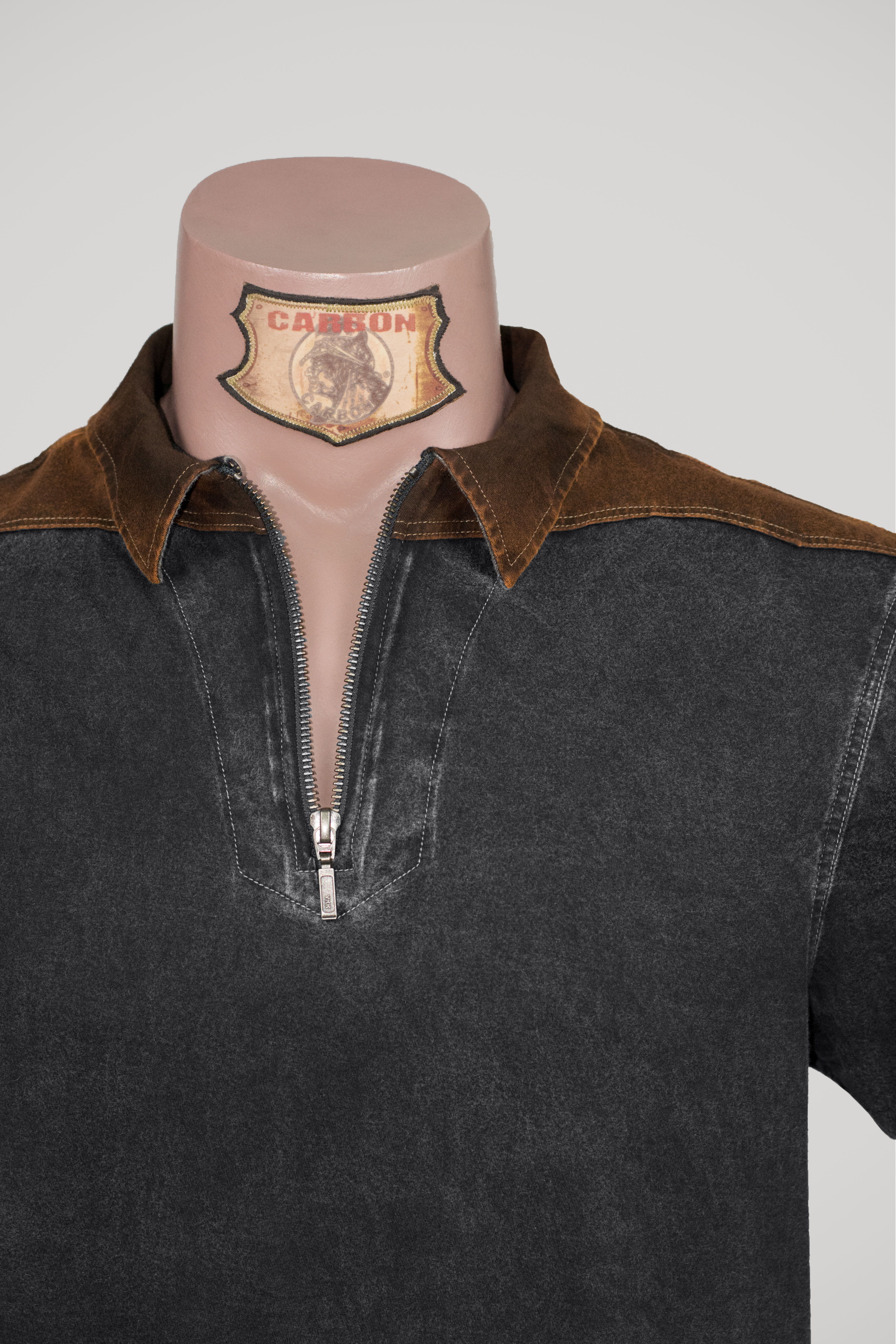 CARBON Hawk Zip Collar Shirt - Ash Black and Leather Brown