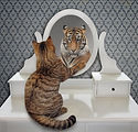 The cat looks at his reflection in the m
