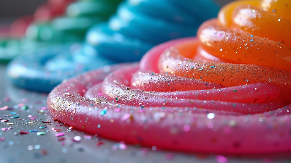 Close-up view of colorful slime with glitter sparkles