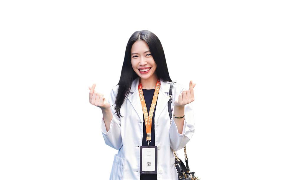 A female doctor in a white lab coat raises her hands, possibly demonstrating a medical procedure or greeting patients.