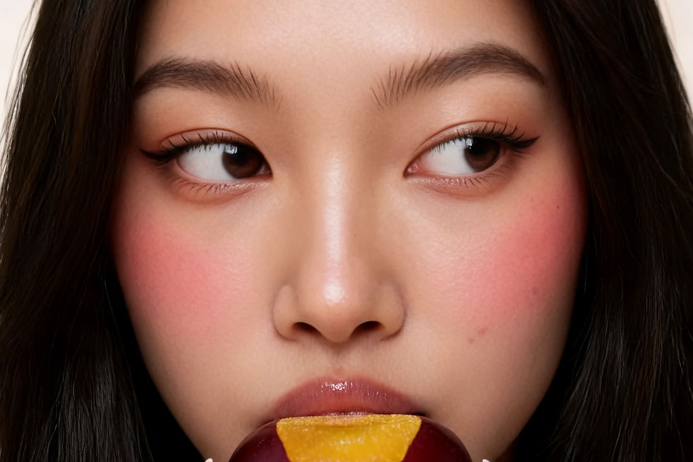 A woman with long black hair is seen eating a fresh apple, her face reflecting delight in the moment.