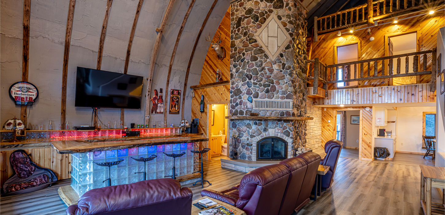 full bar and kitchen at 3 story barn rental in northern wisconsin