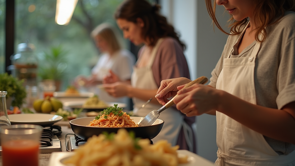 Eye-level view of women participating in a cooking workshop at the Soraya SheTreats Women's Retreat